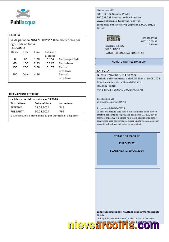 Italy Publiacqua business utility bill